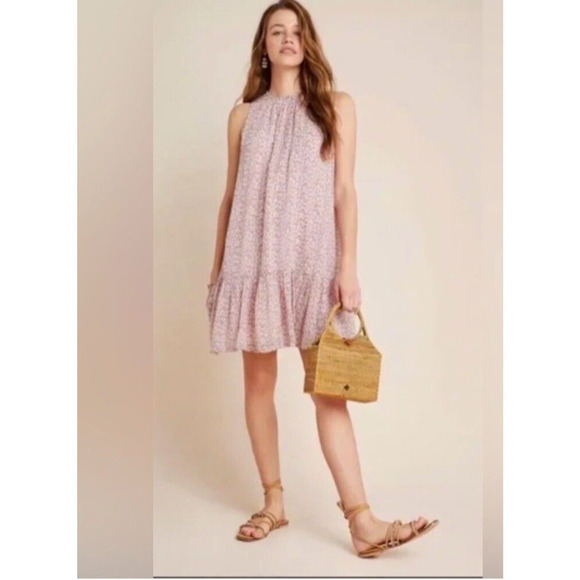 Anthropologie Dresses & Skirts - By Anthropologie Halter Shift Dress Size XS Pink Print Ruffles Lined Sle…